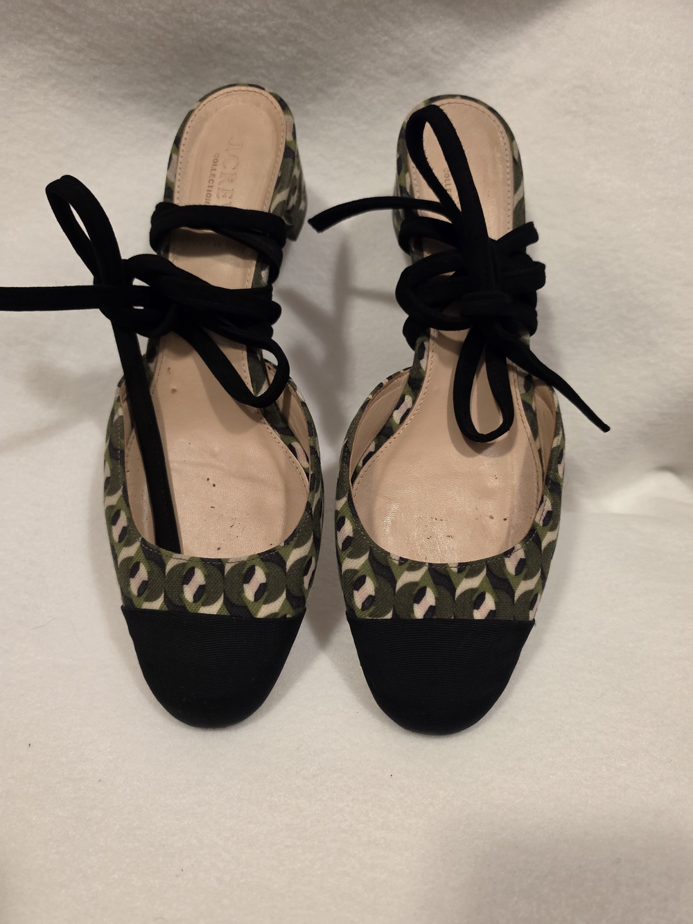 J. Crew Olive Green Patterned Lace-Up Flats with Black Cap Toe